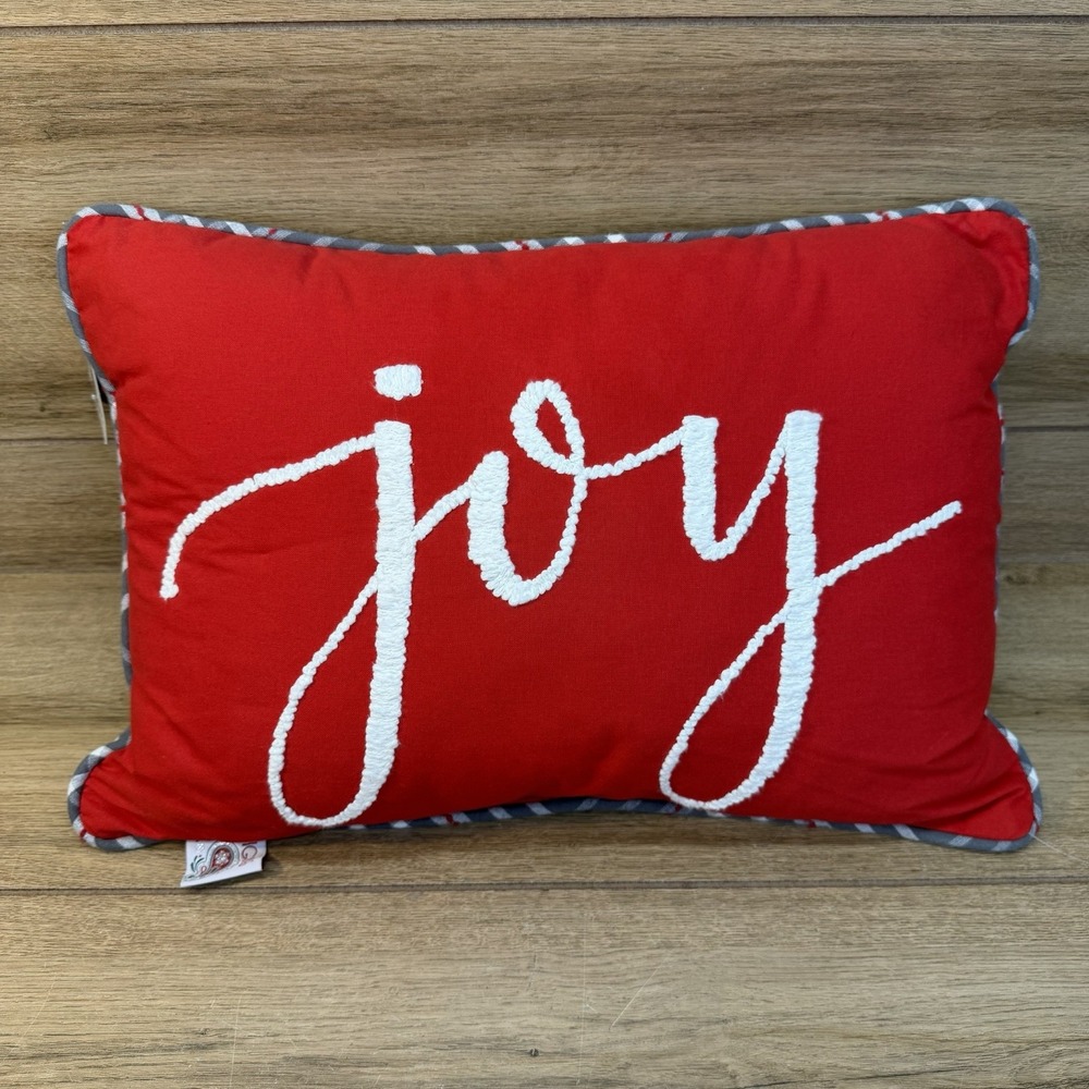 Devi Designs Joy Lumbar Decorative Throw Pillow Needlepoint Holiday Red Plaid